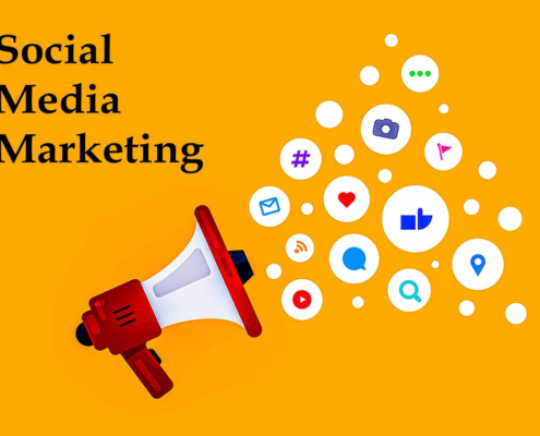 "Social Media Marketing" with social media icon images and Yellow background